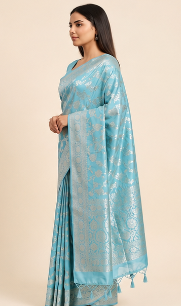 Ice Blue Jaal Katan Silk Saree