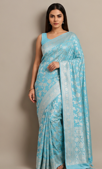 Ice Blue Jaal Katan Silk Saree