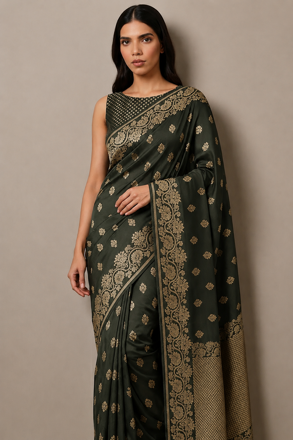 Olive Banarasi Silk Booti Saree
