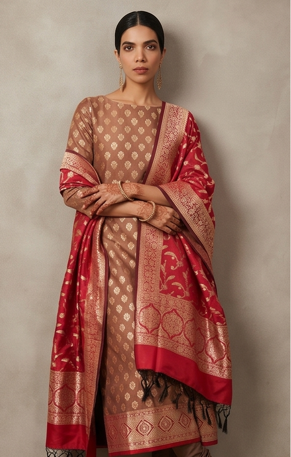 Banarasi Red Rust Silk Suit