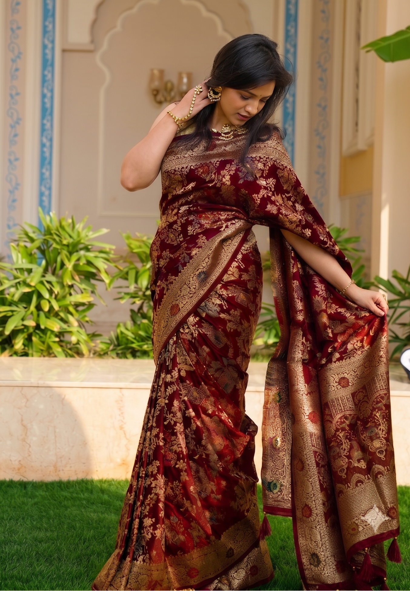 Wine Banarasi Silk Saree with Birds Jaal Work