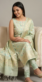 Mulmul Cotton Pista Booti Suit