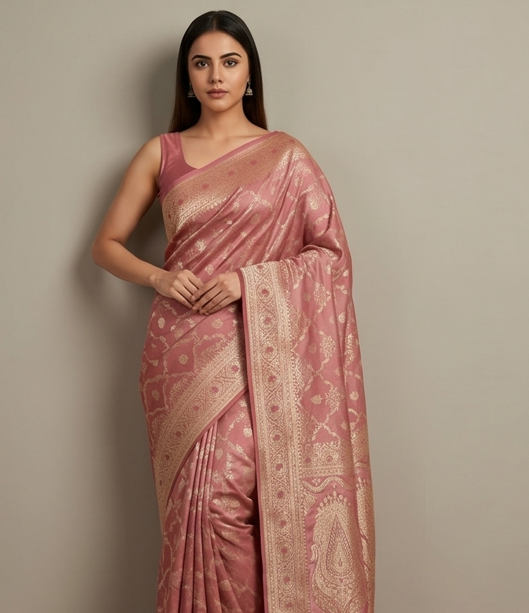 Pastel Pink Banarasi Silk saree with All-Over Jaal Work & Lotus Motif Border