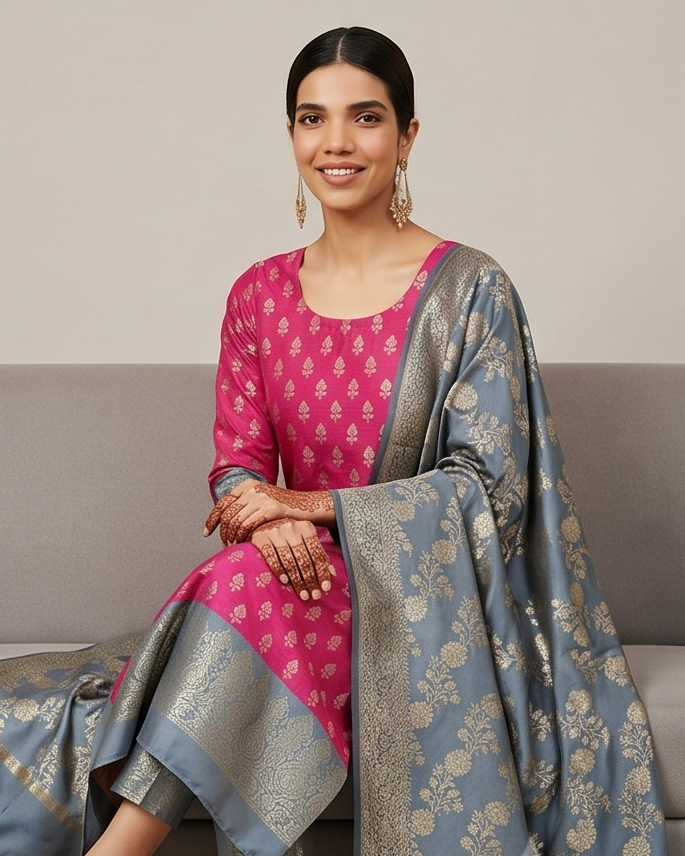 Banarasi Rani Grey Silk Suit