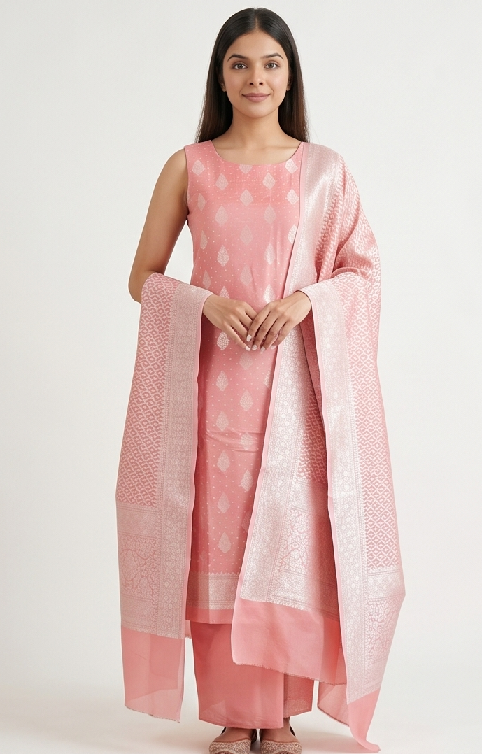 Coral Pink Banarasi premium Linen Suit