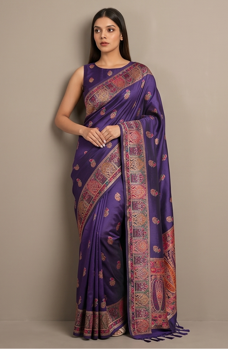 Dark Purple Pashmina Resham Saree