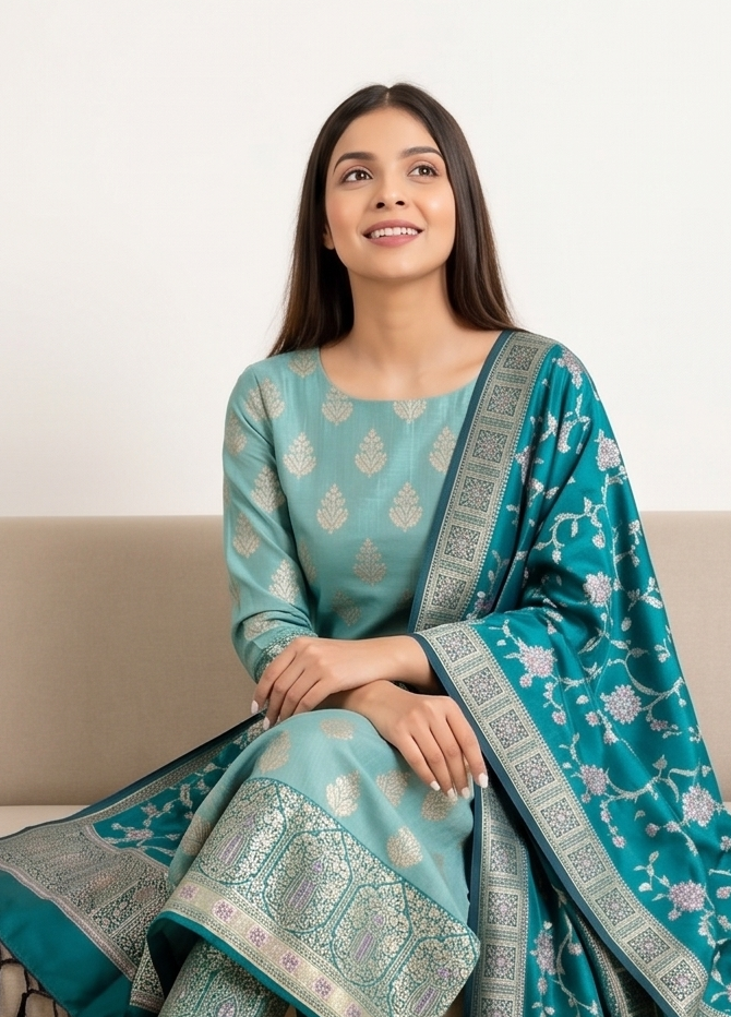 Ferozi Silk Suit with Meenakari