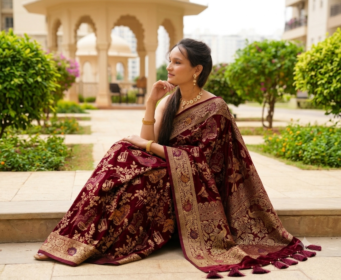Wine Banarasi Silk Saree with Peacock Jaal Work