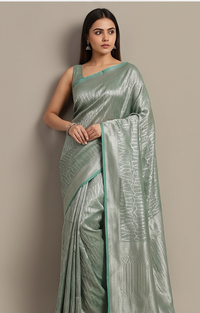 Sea green Tissue Leaf Saree