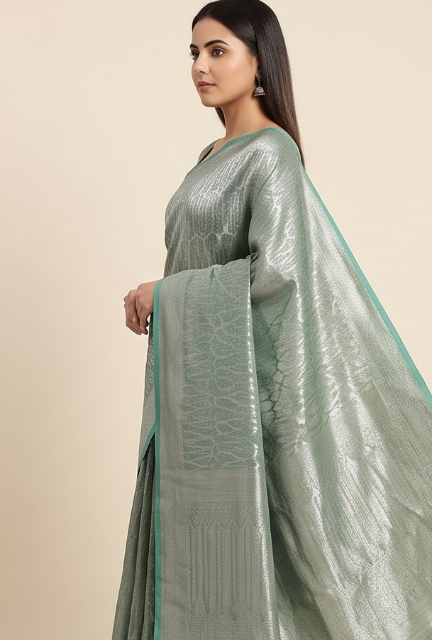 Sea green Tissue Leaf Saree