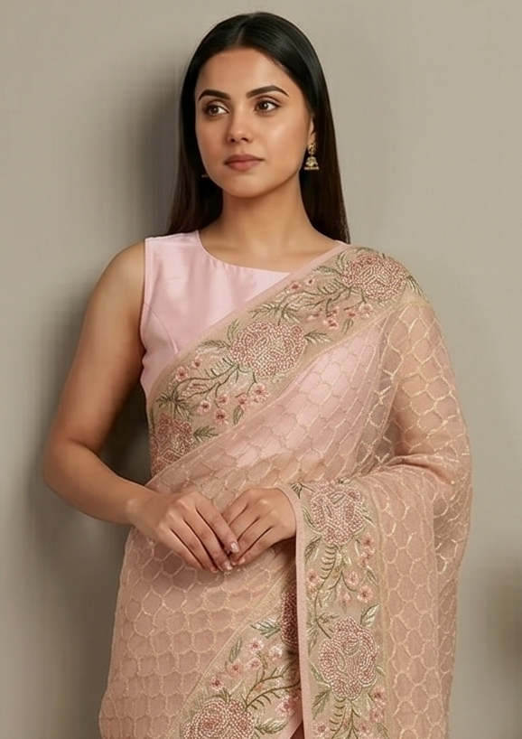 Graceful Pink Organza Saree with All-Over Zari Work