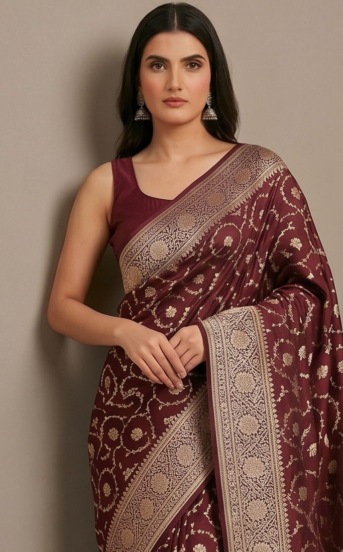 Maroon Silk Saree with overall Zari jaal