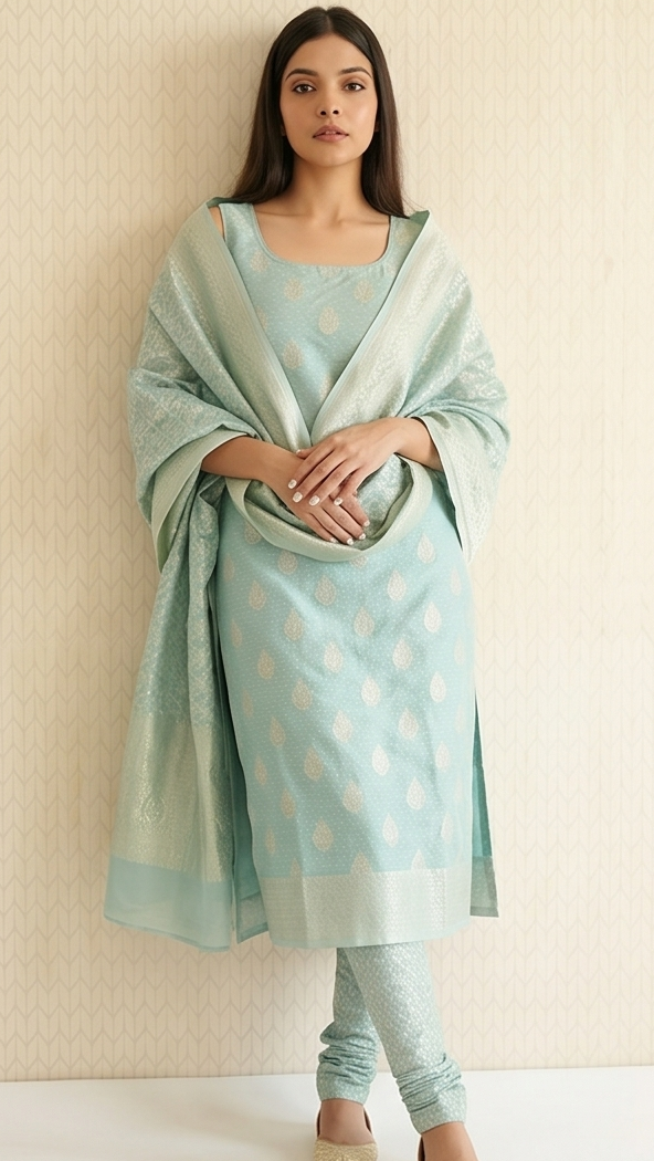Light Aqua Banarasi premium Linen Suit
