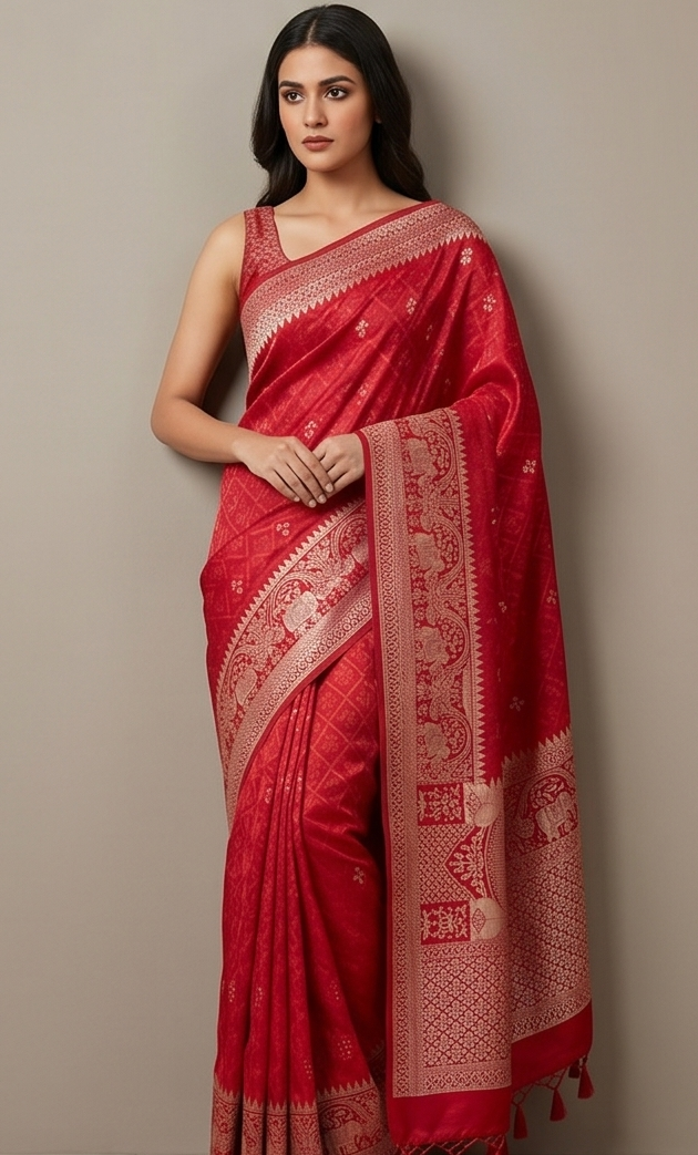 Red Banarasi Silk Tanchoi Saree with Elephant Border