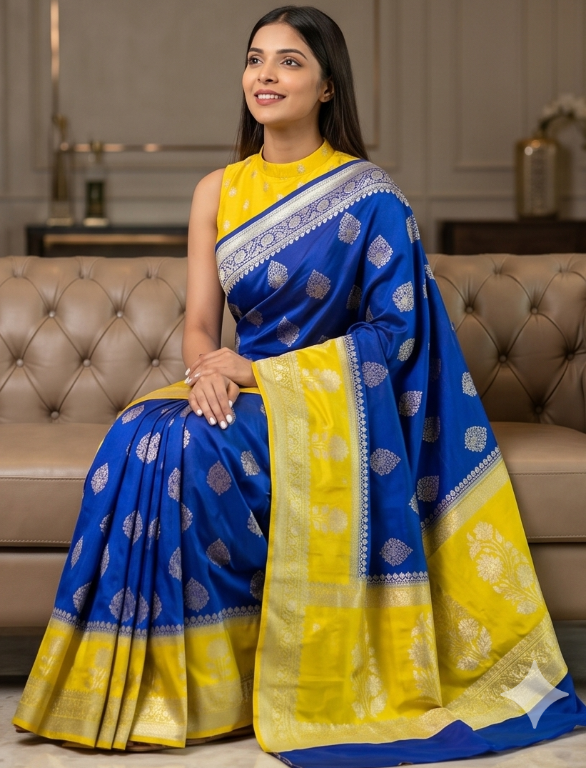 Yellow & Blue Banarasi Silk Saree with Booti Work & Elegant Border