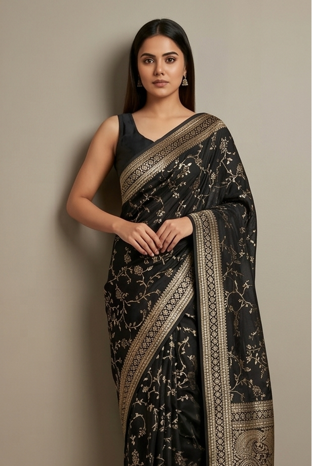 Black Georgette Saree with All-Over Zari Jaal Work & Elegant Border