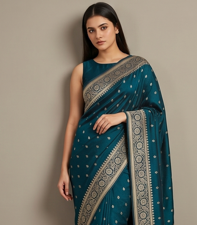 Peacock Blue Silk Saree with Delicate Booti