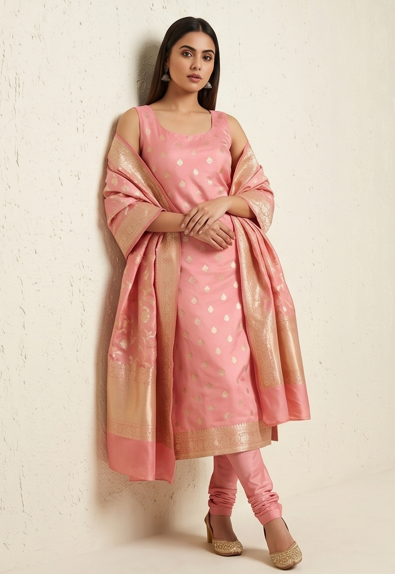 Pastel Pink Katan Suit with Booti