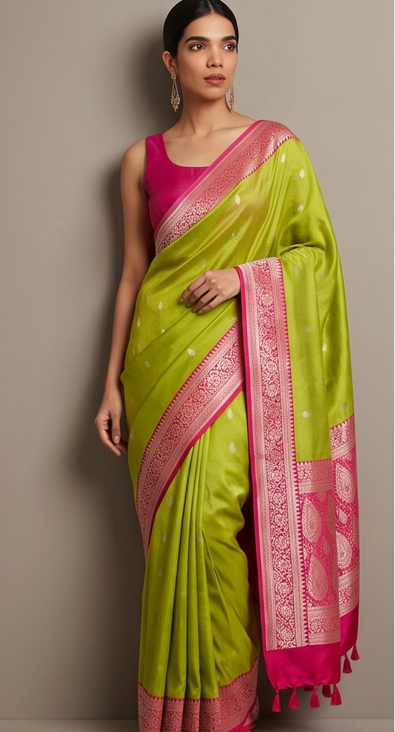 Parrot Green and Pink Silk Saree