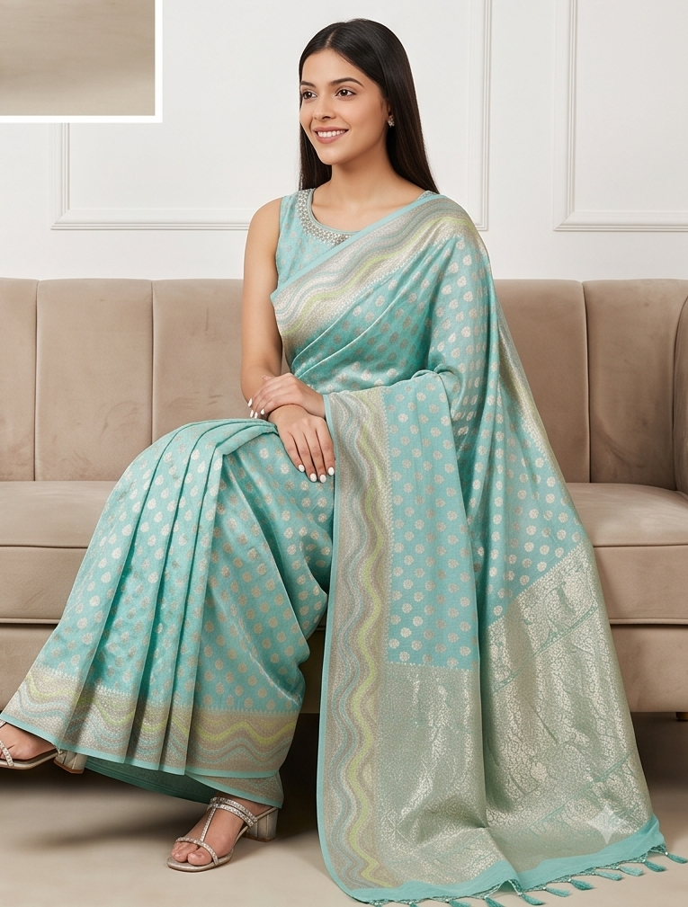 Aqua Blue Georgette Saree Hand-Brush