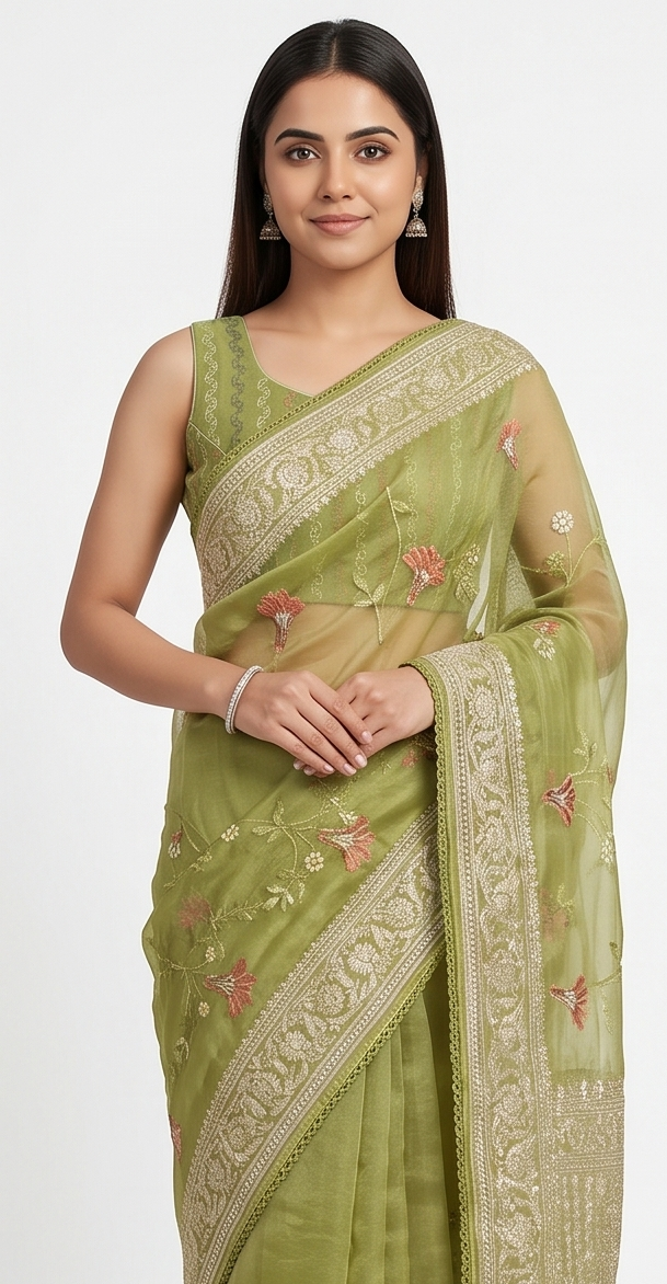Parrot Thread Work Organza Saree