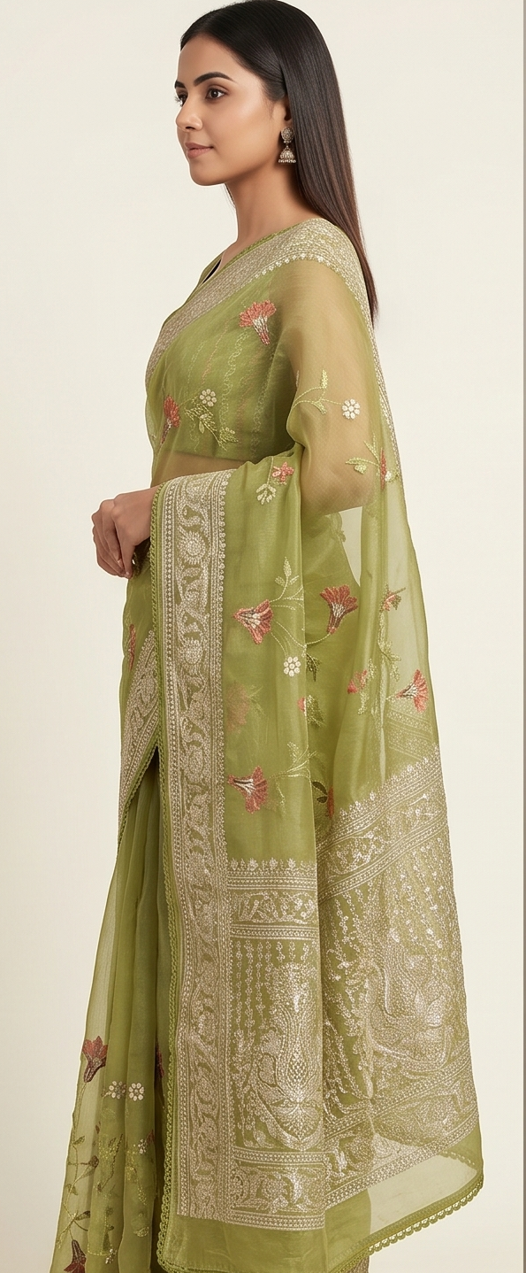 Parrot Thread Work Organza Saree