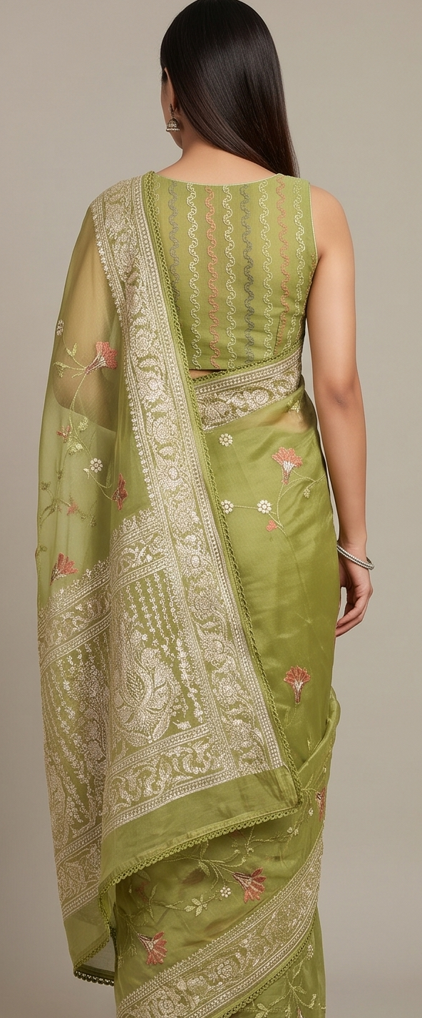 Parrot Thread Work Organza Saree