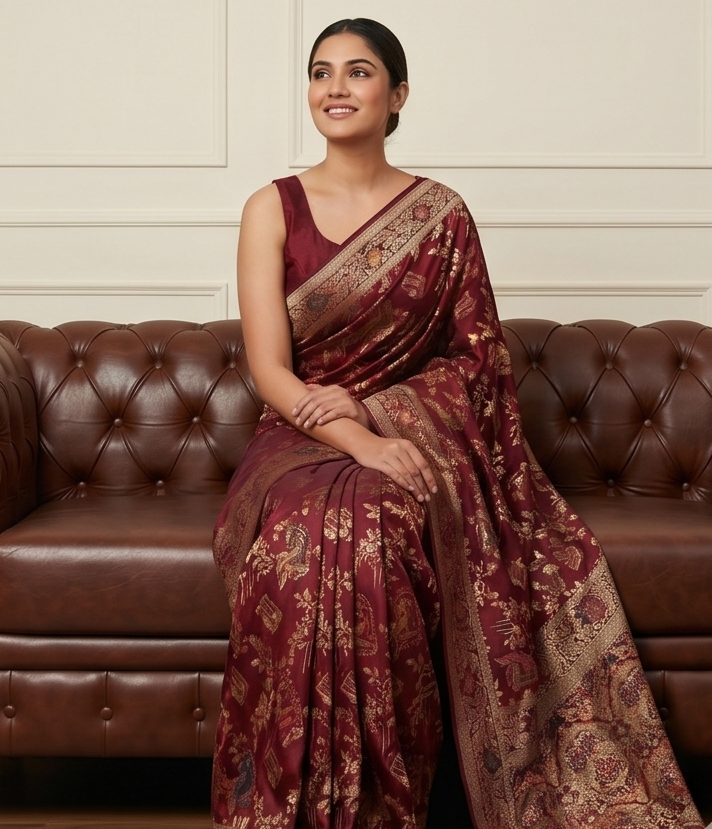 Wine Banarasi Silk Saree with Peacock Jaal Work