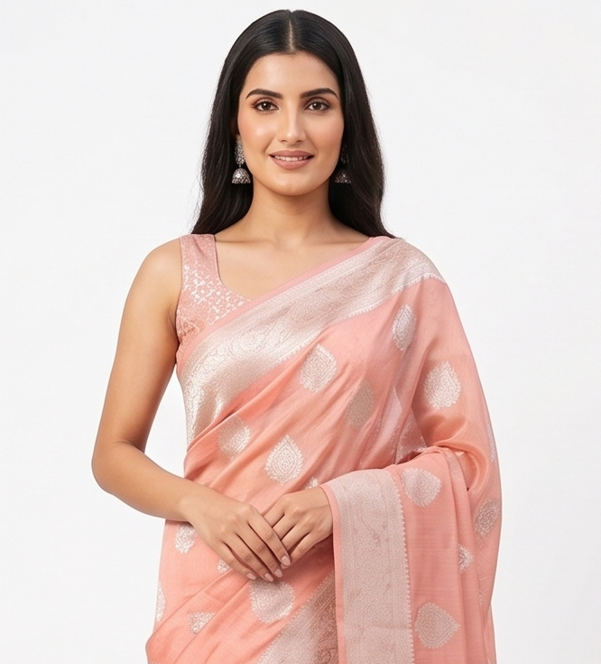 Coral Pink Organza Saree with Silver Zari Booti & Brocade Blouse