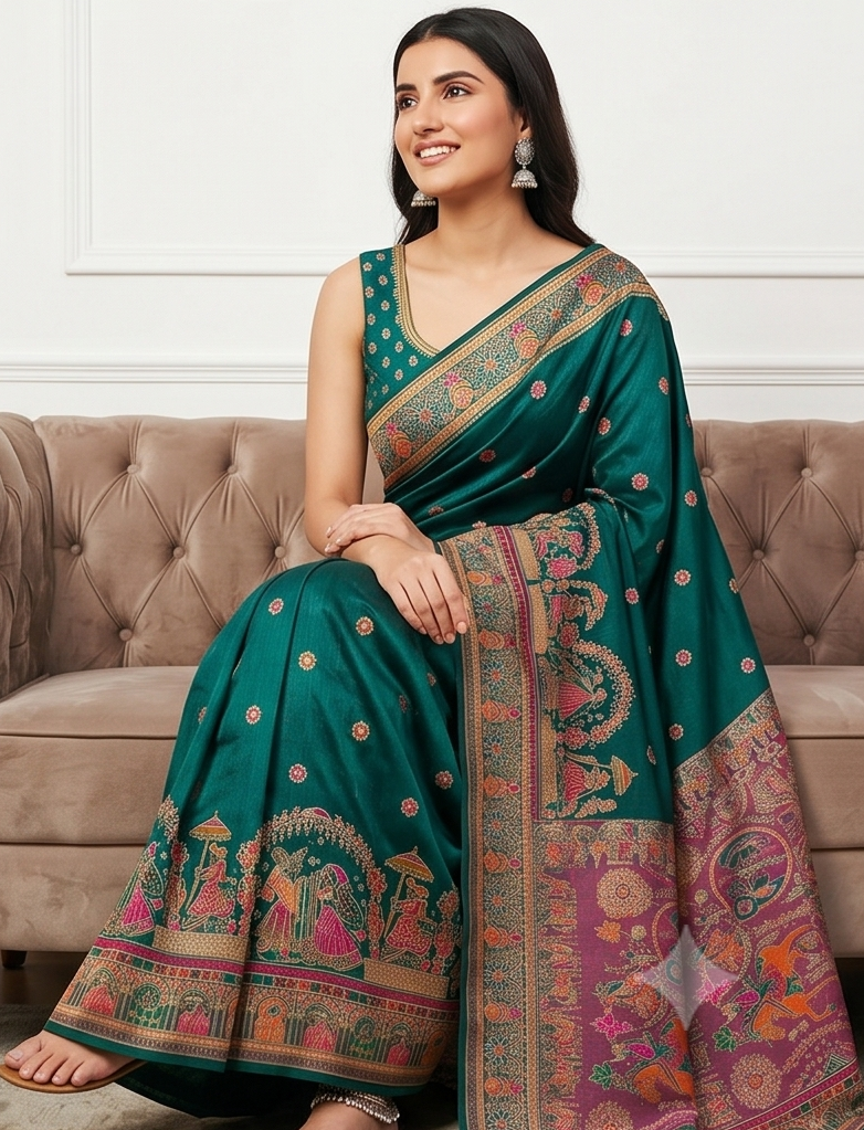 Dark Green Pashmina Resham Saree