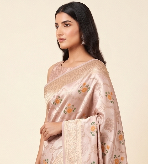 Pastel Katan Silk Tanchoi Saree with Zari Meenakari