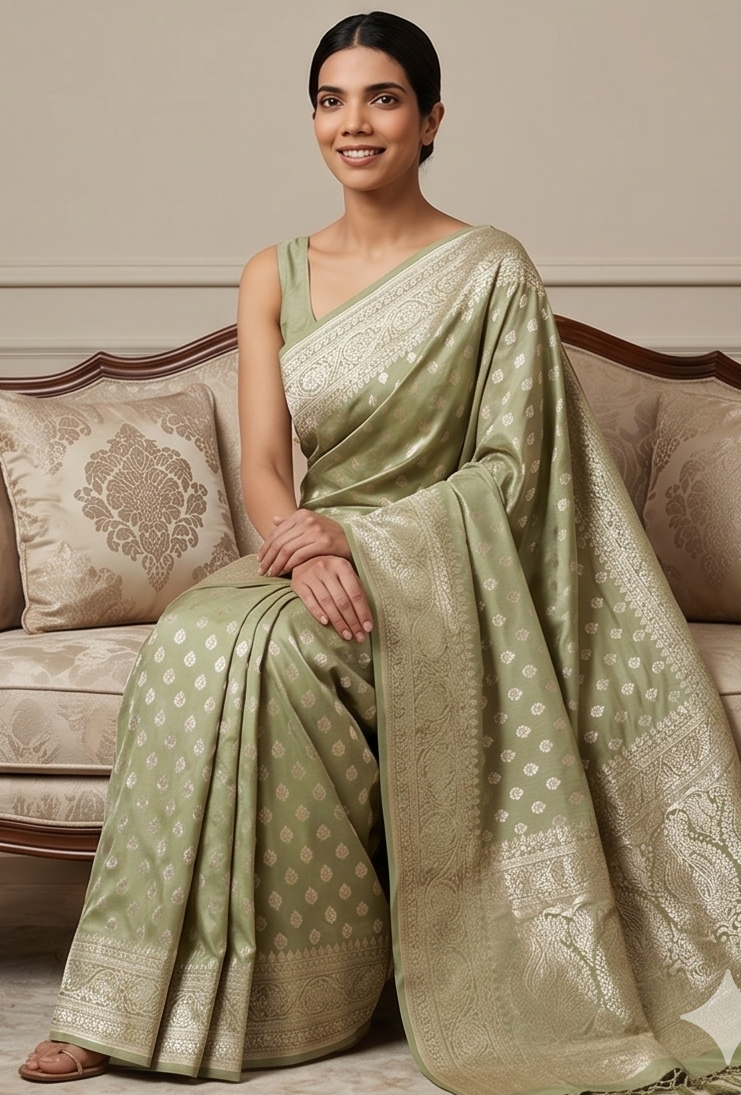 Pastel Green Saree with silver Zari Booti Work
