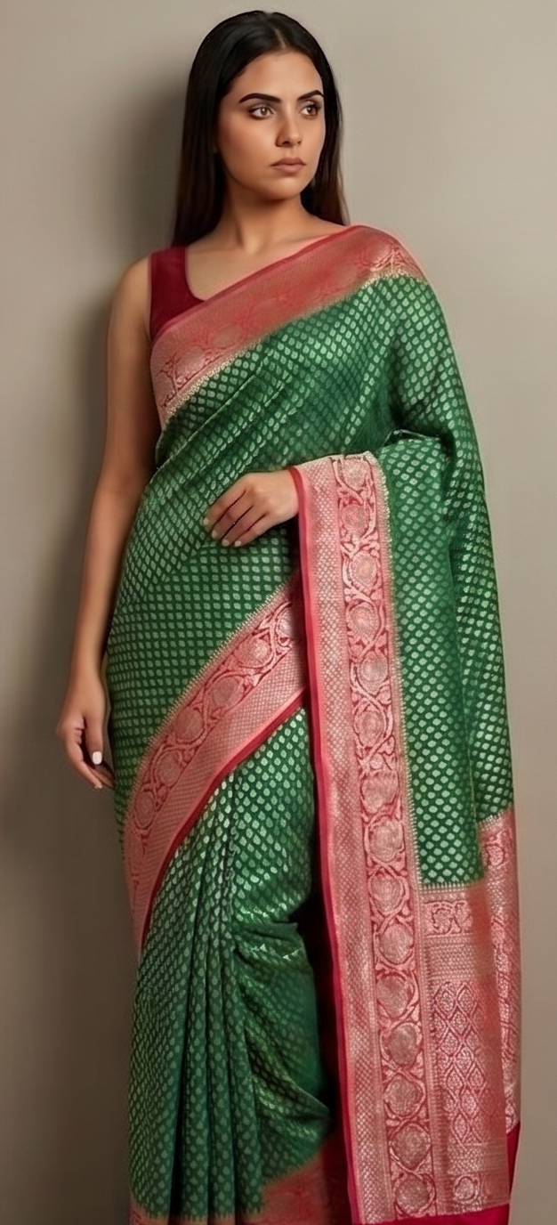 Green & Red Georgette Saree with Booti Work – Classic Banarasi Design