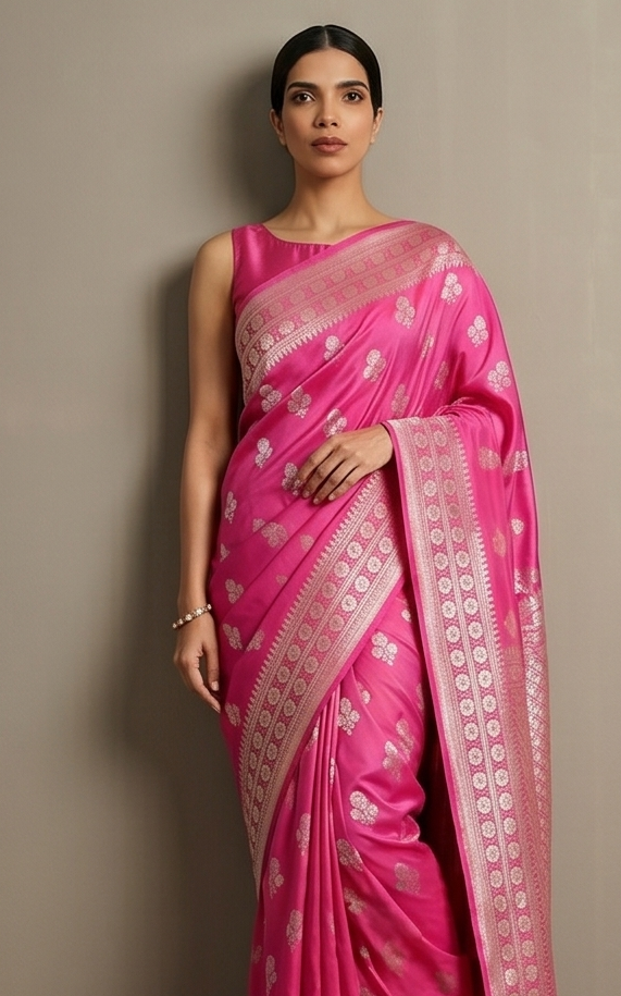 Pastel Light Pink Saree with Silver Zari Booti & Designer Border