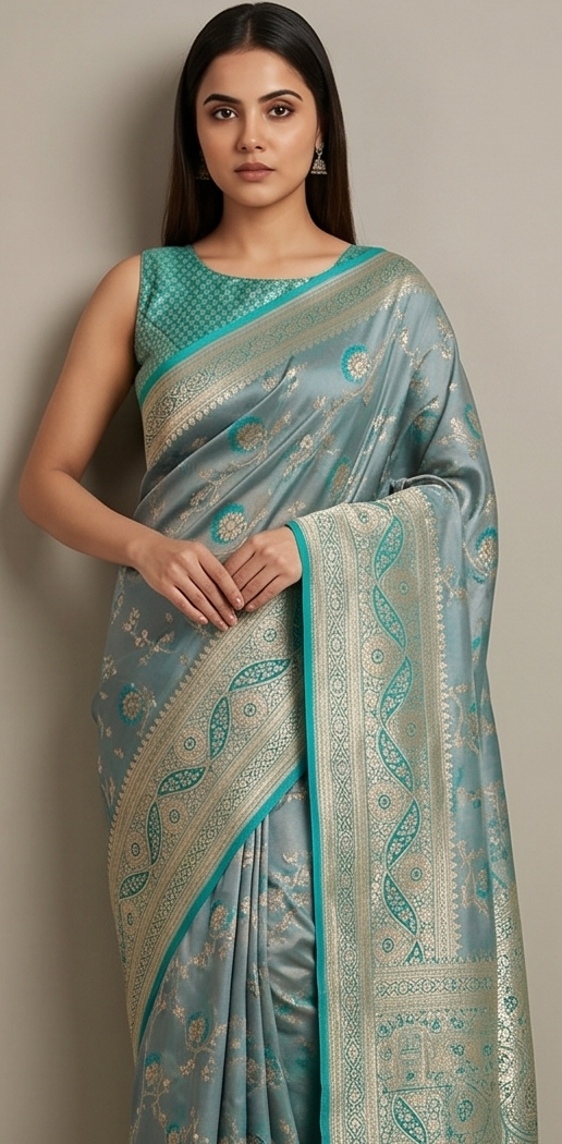 Light Ferozi silk Saree with Dark Ferozi Floral Jaal