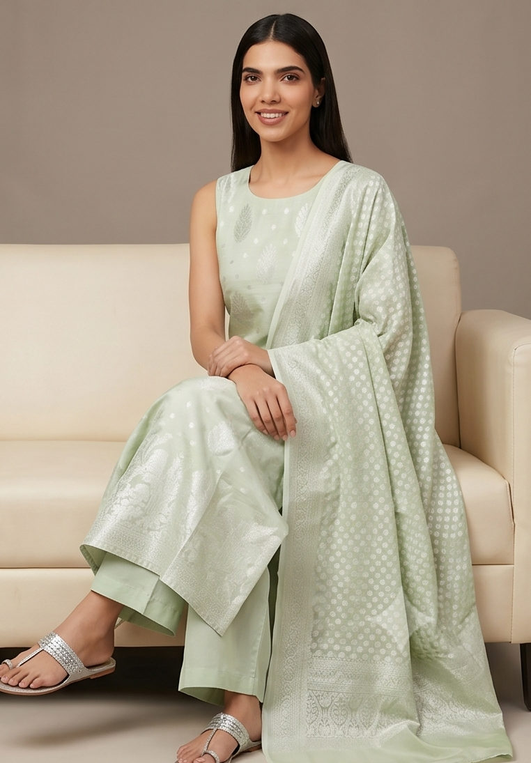 Pista Green Banarasi Linen Suit