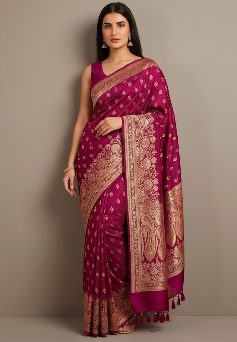Rani pink Silk Saree with Delicate Booti Work