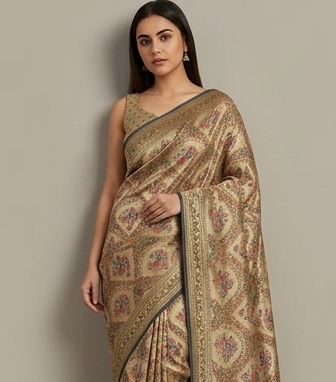 Metallic Golden Tissue Saree with Peacock Motifs & Statement Border