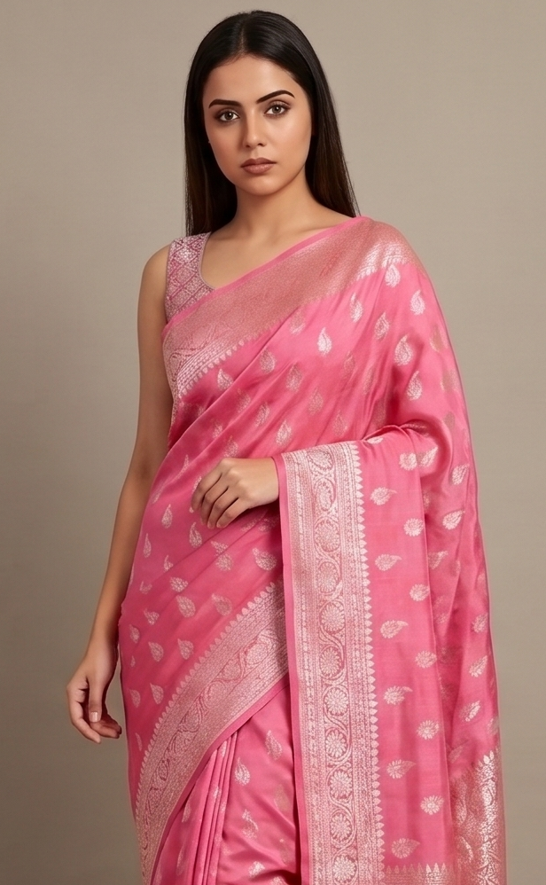 Rani Pink Georgette Saree with Leaf Motifs