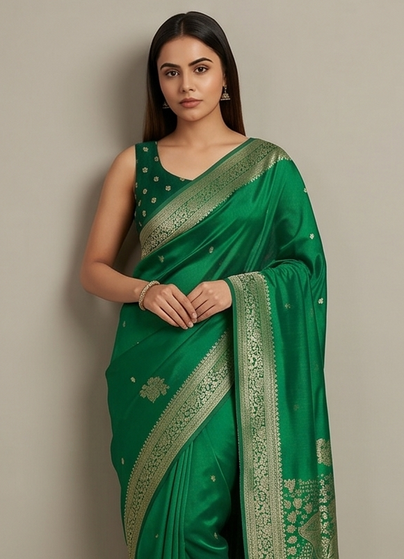 Dark Green Banarasi Silk Saree with Booti Work