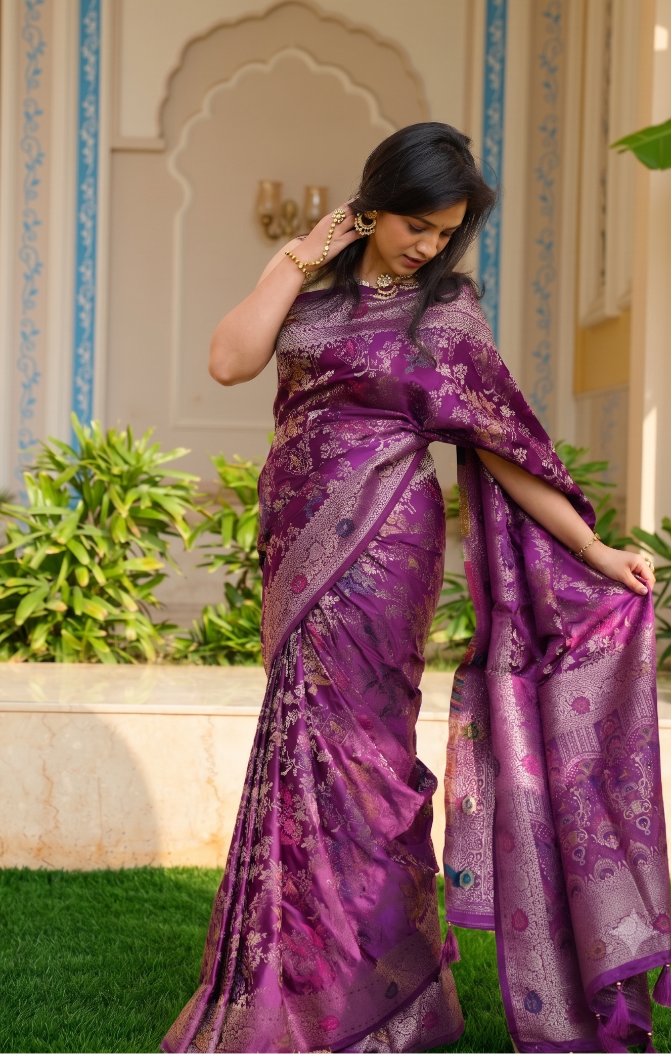 Purple Banarasi Silk Saree with Birds Jaal Work