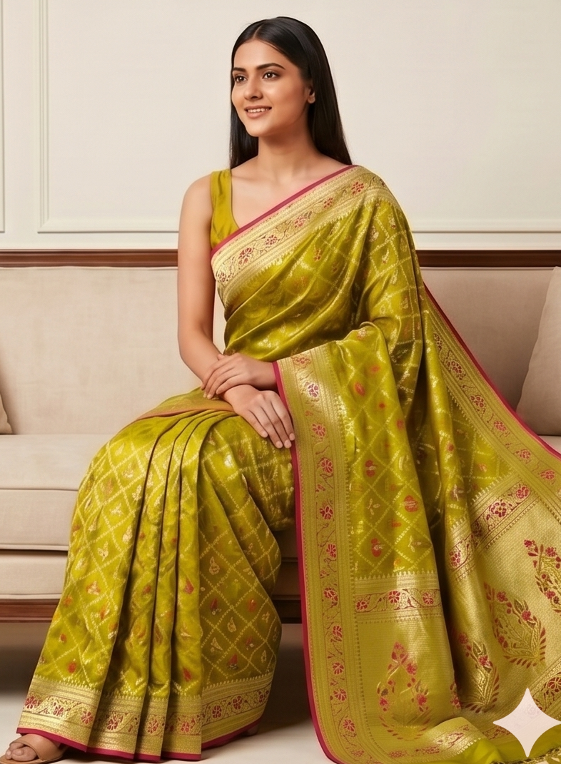 Parrot Green Bandhani Silk Saree