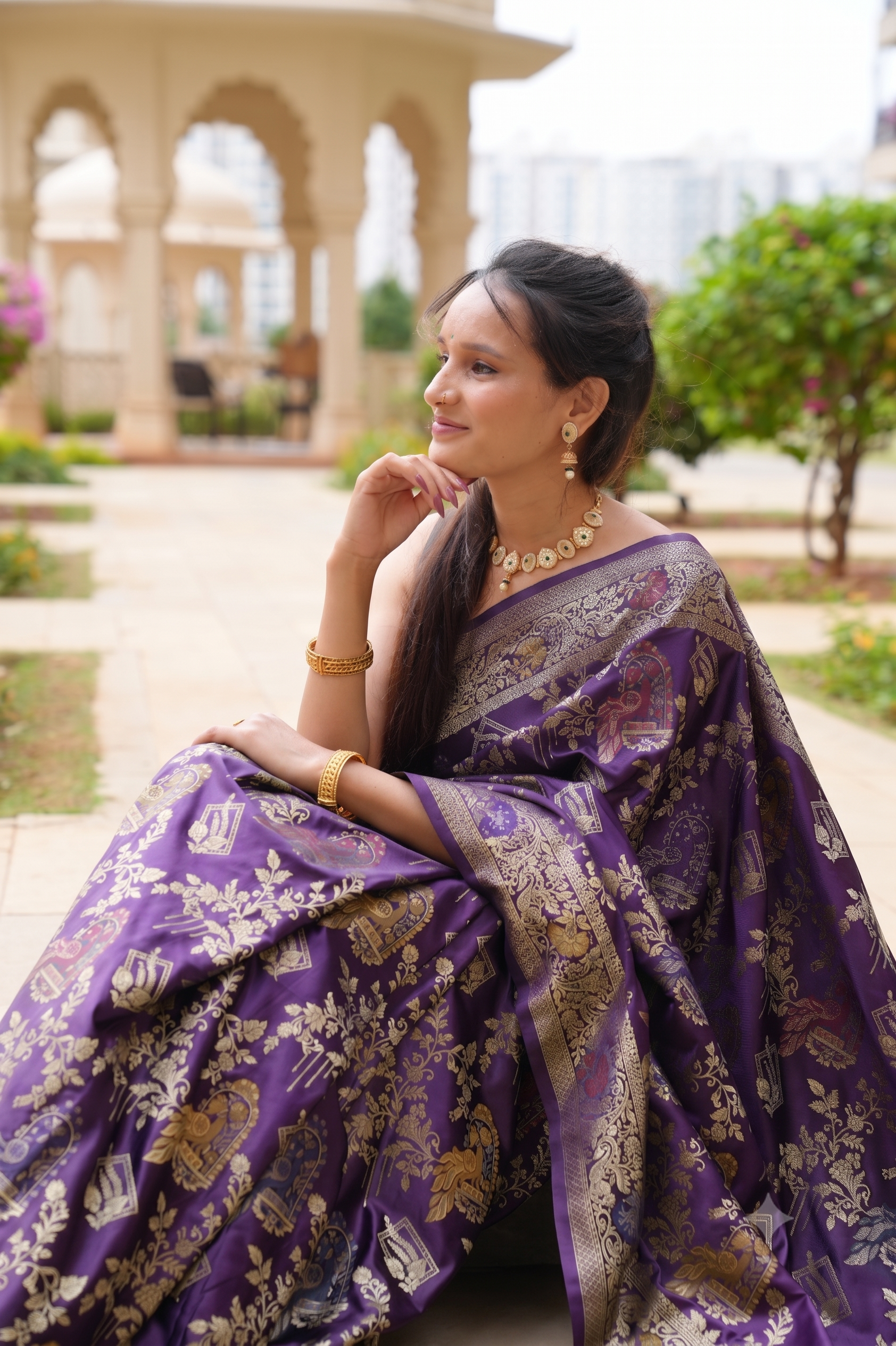 Purple Banarasi Silk Saree with Peacock Jaal & Heavy Resham Pallu