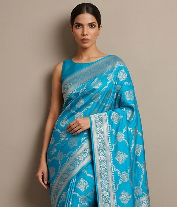 Teal Banarasi Silk saree with All-Over Jaal zari