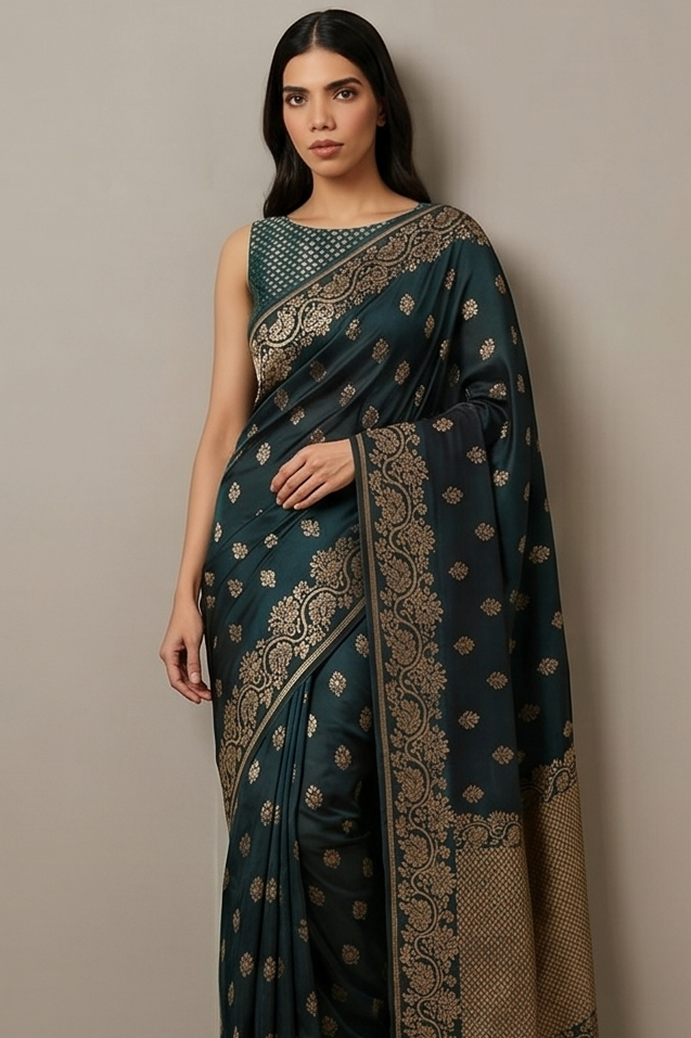Dark Olive Banarasi Silk Saree with All-Over Booti & Unique Running Border