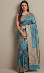 Turquoise Floral Jaal Katan Silk