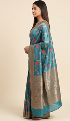 Turquoise Floral Jaal Katan Silk