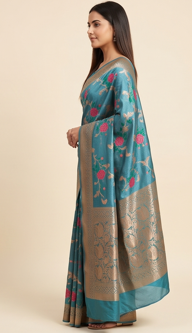 Turquoise Floral Jaal Katan Silk