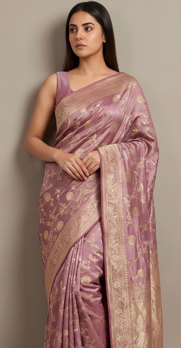 Pastel Pink Jaal Silk Saree