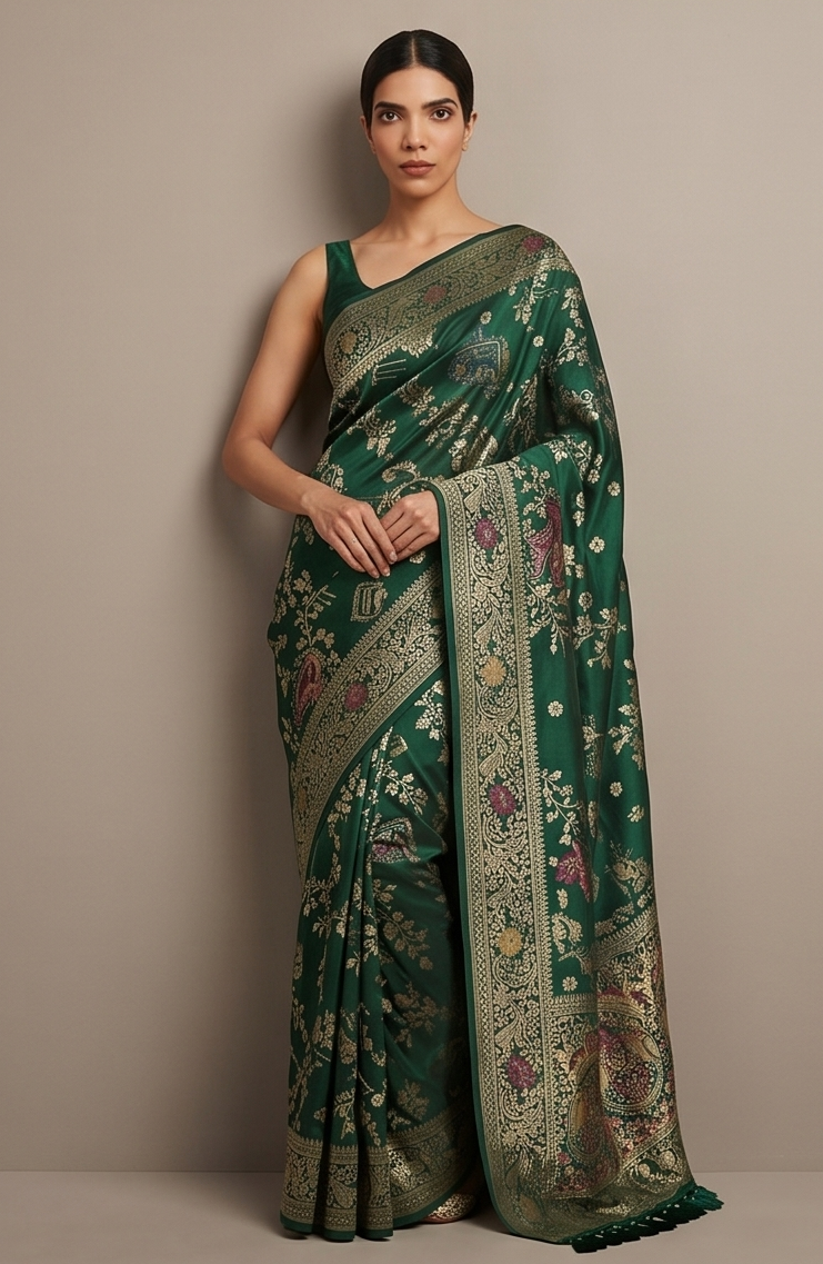 Dark Green Banarasi Silk Saree with Peacock Jaal Work